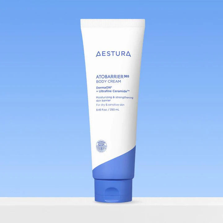 AESTURA Atobarrier 365 Body Cream in a 250ml tube for intense hydration and skin barrier care.