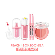 Set of pink makeup products including lip gloss, lip balm, and blush on a white background with 'Peach: Boksoonga Starter Pack' text.