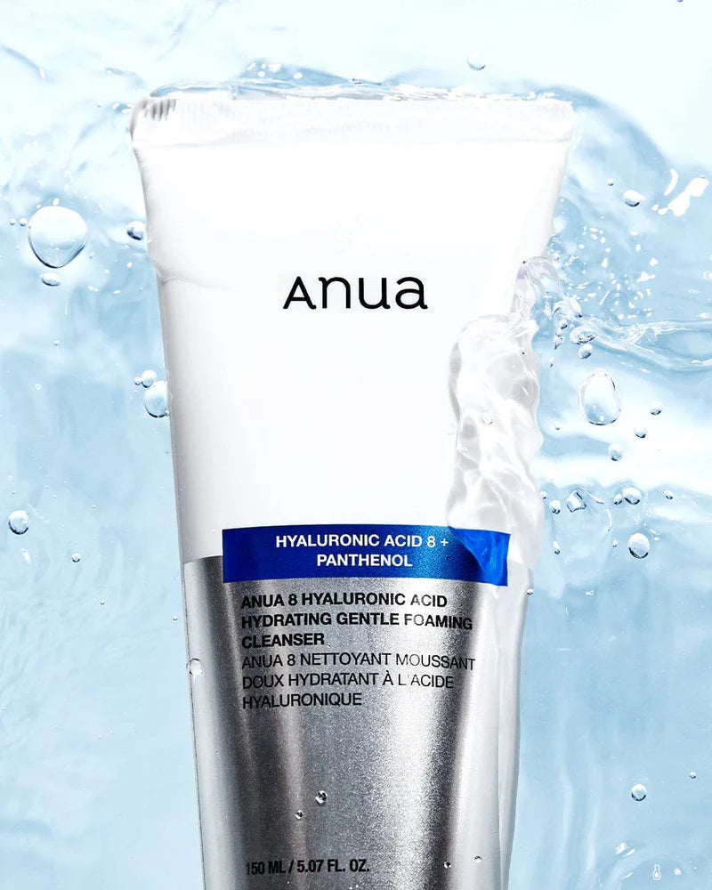 Anua 8 Hyaluronic Acid Hydrating Gentle Foaming Cleanser bottle with foam on hand, showcasing moisturizing Korean skincare cleanser.