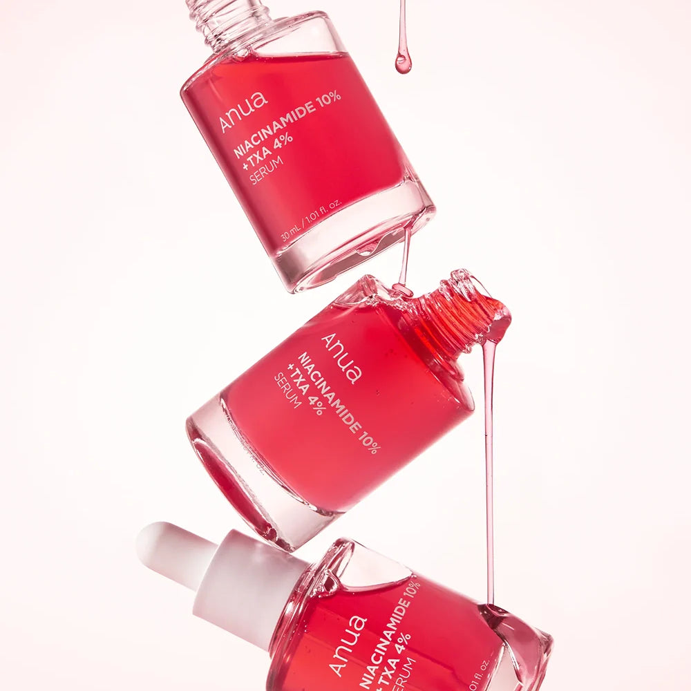 Anua Niacinamide 10% + TXA 4% dark spot correcting serum, a Korean skincare product to brighten and hydrate skin while reducing pigmentation.