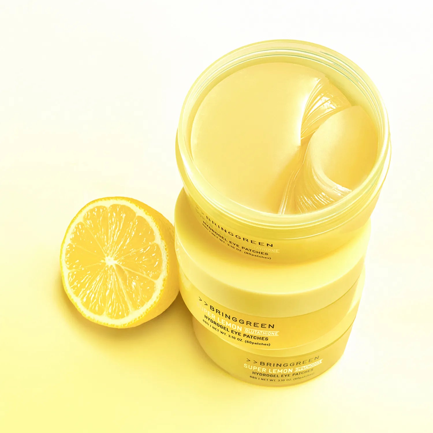 BRINGGREEN Super Lemon Glutathione Hydrogel Eye Patches – brightening patches with Jeju lemon and glutathione to reduce dark circles and discoloration.