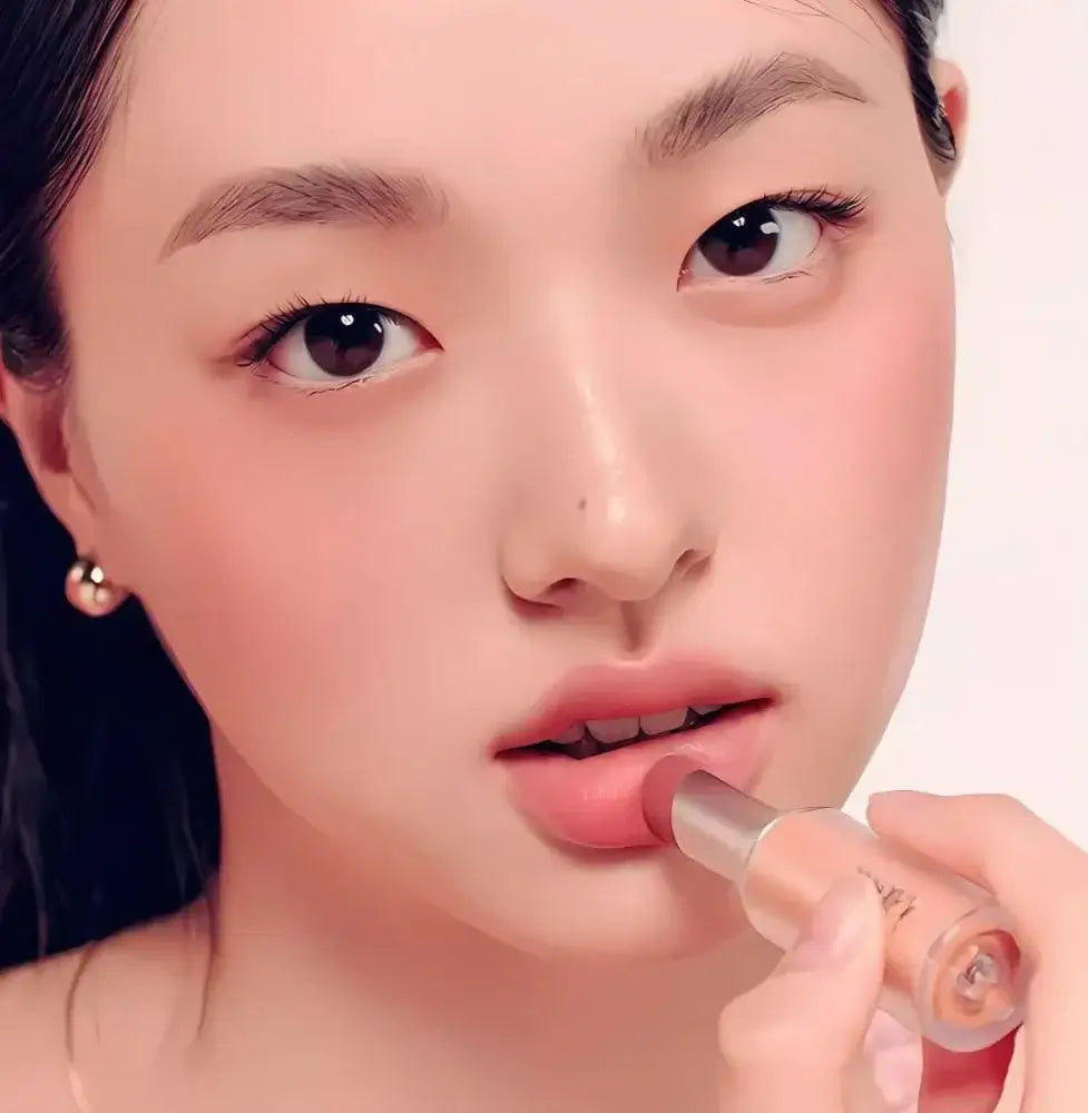 Model applying Laka Bulky Matte Lipstick in muted apricot beige for a rich, blurred lip finish.