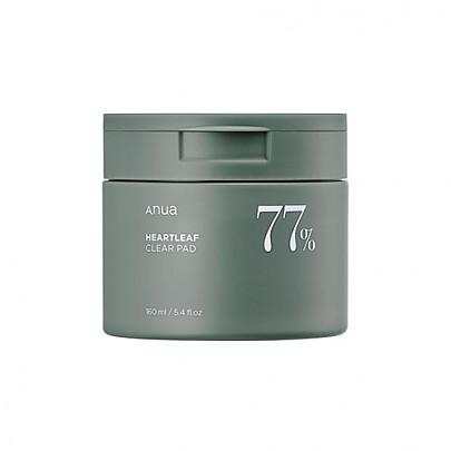 Anua Heartleaf 77 Clear Pad container with toner-soaked exfoliating pads, ideal for Korean skincare routines targeting sensitive or oily skin.