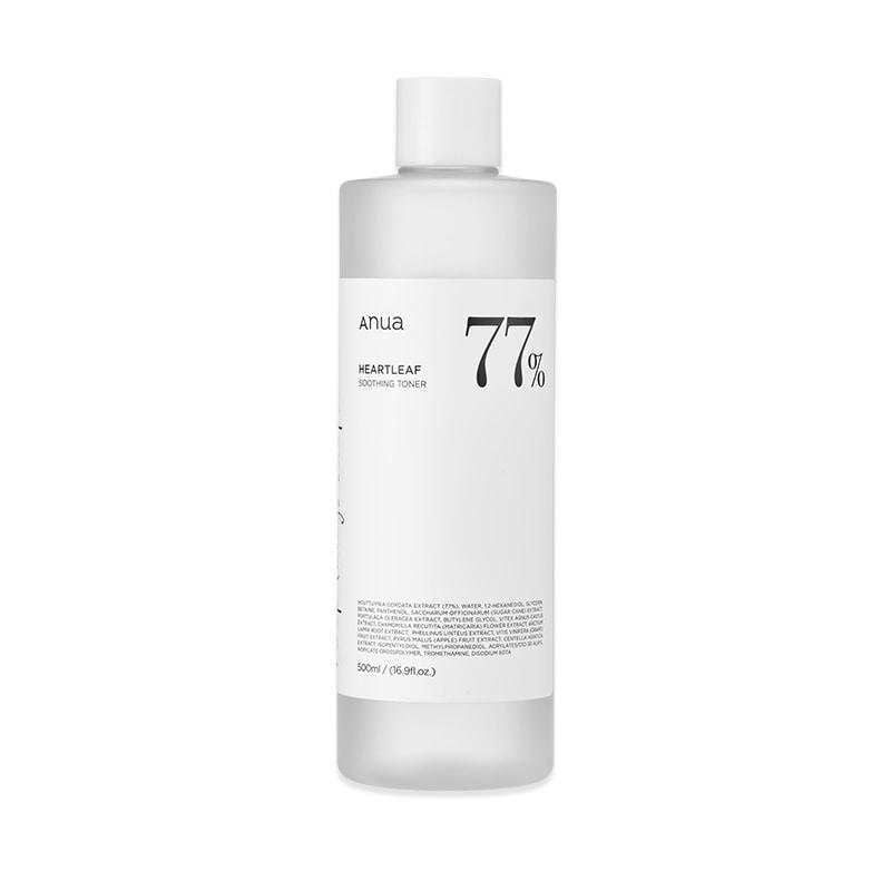 Anua Heartleaf 77 Soothing Toner bottle with clear liquid, ideal for calming sensitive skin in a K-beauty skincare routine.