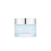 A jar of 9wishes Hydra Ampule Cream with a clear gel cream texture, predominantly in a light blue to white color range, with a silver lid.
