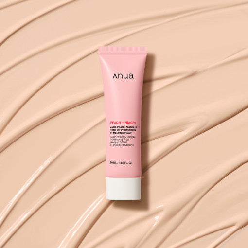 Anua Peach Niacin UV Tone Up Protection cream for Korean skincare, brightening and UV protection with peach tone finish.