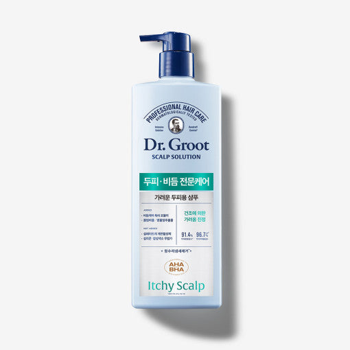 A bottle of Dr.Groot Scalp Solution Shampoo for Itchy Scalp, 700ml, with pump dispenser, predominantly in blue and white packaging with green text accents.