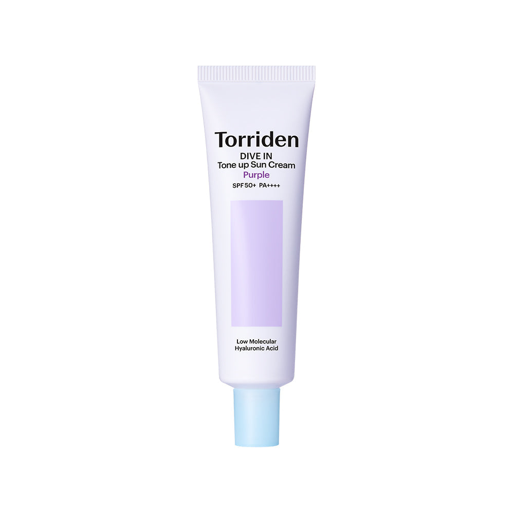 Torriden Purple Tone Up Sunscreen tube with lavender-tinted cream, sleek pastel design