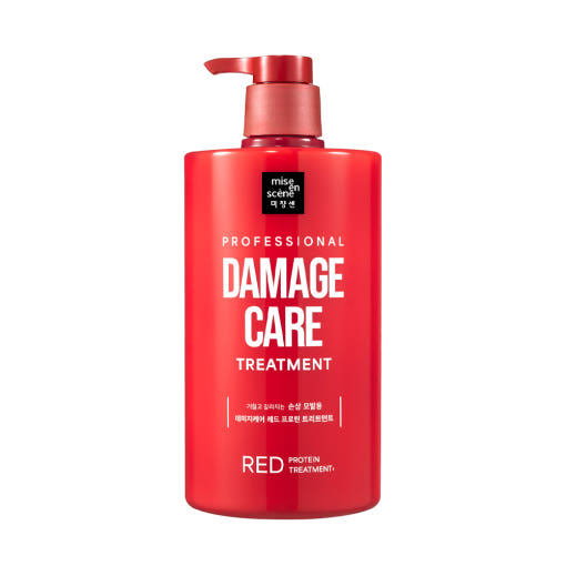 Large bottle of Mise en Scène Red Protein Conditioner for damaged hair, sleek red packaging