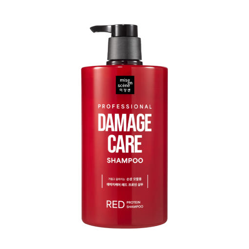 Tall red bottle of Mise en Scène Damage Care Red Protein Shampoo with floral design