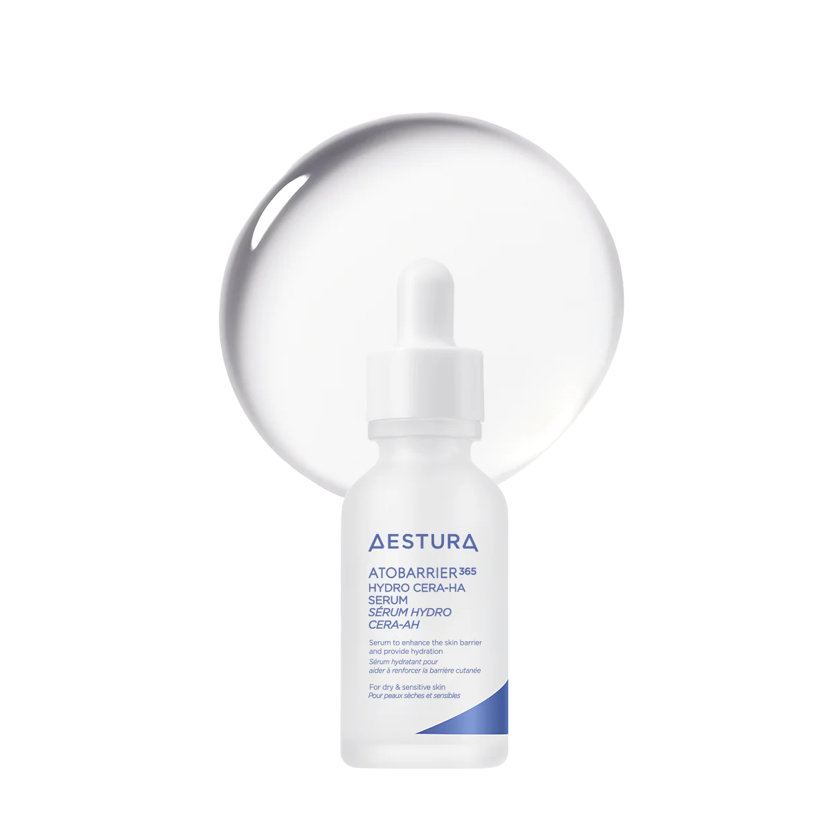 AESTURA Atobarrier 365 Hydro Cera-HA Ampoule in a 30ml bottle for deep hydration and barrier strengthening.