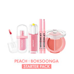 Set of pink makeup products including lip gloss, lip balm, and blush on a white background with 'Peach: Boksoonga Starter Pack' text.