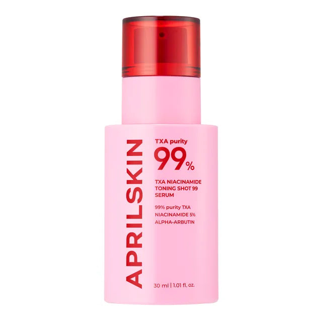 Pink skincare serum bottle with red cap on a white background