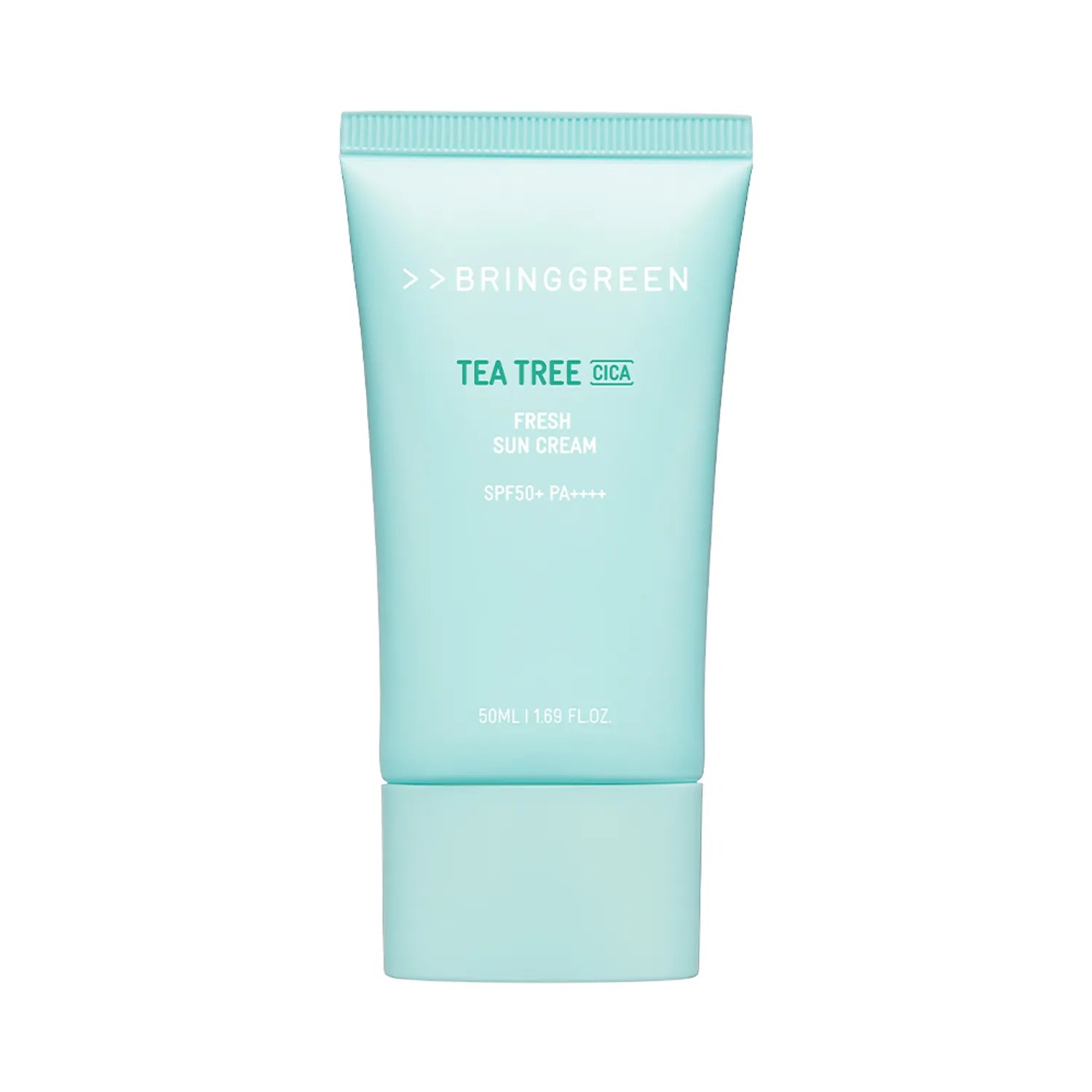 BRINGGREEN Tea Tree Cica Fresh Sun Cream – Korean SPF50+ PA++++ sunscreen with 5-layer tea tree complex and centella for soothing, moisturizing, and acne-prone skin.