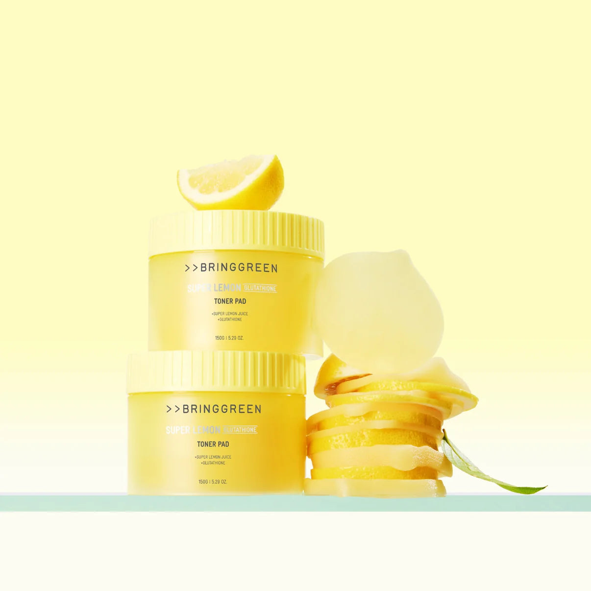 BRINGGREEN Super Lemon Glutathione Toner Pad Set – Korean lemon-shaped toner pads with glutathione, super lemon juice, and LHA for brightening and exfoliation.