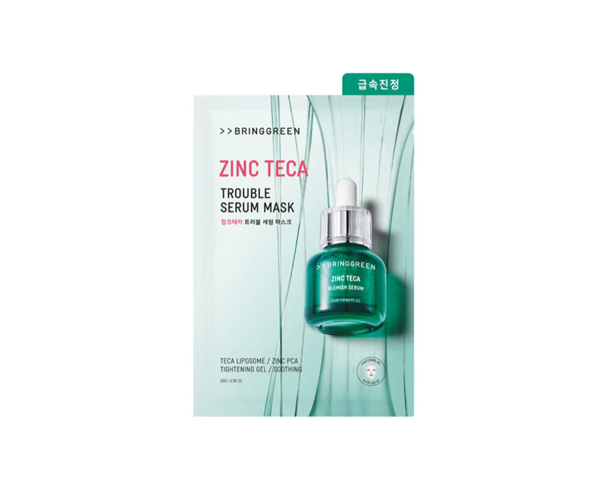 BRINGGREEN Zinc Teca Trouble Serum Mask – Korean hydrogel sheet mask with Zinc PCA and 25nm TECA for soothing, blemish care, and skin texture improvement.