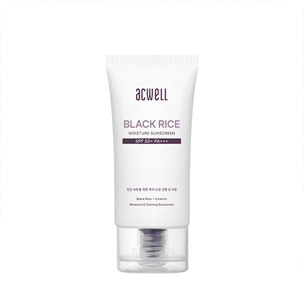 Acwell Black Rice Moisture Sunscreen tube with SPF 50+ label and clean, minimal design