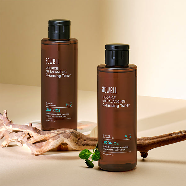 Acwell Licorice pH Balancing Cleansing Toner in brown-tinted bottle with soothing, watery texture
