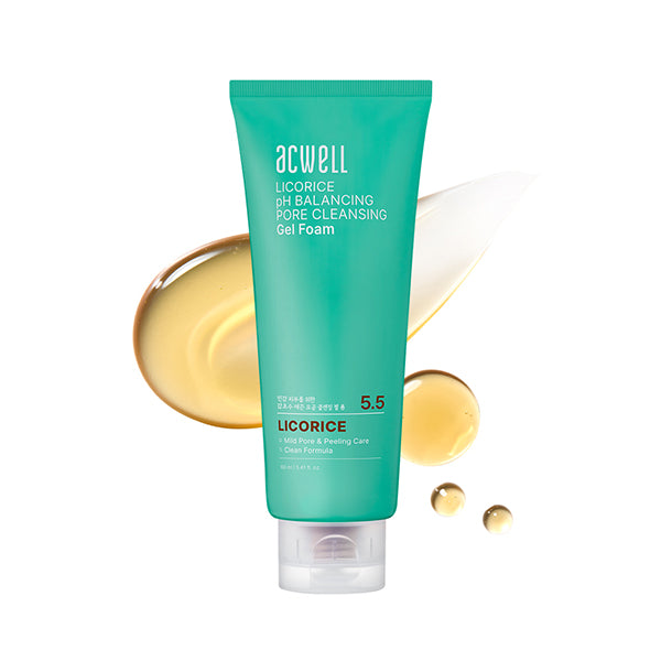 Acwell Licorice pH Balancing Gel Foam Cleanser with clear gel texture in a sleek pump bottle