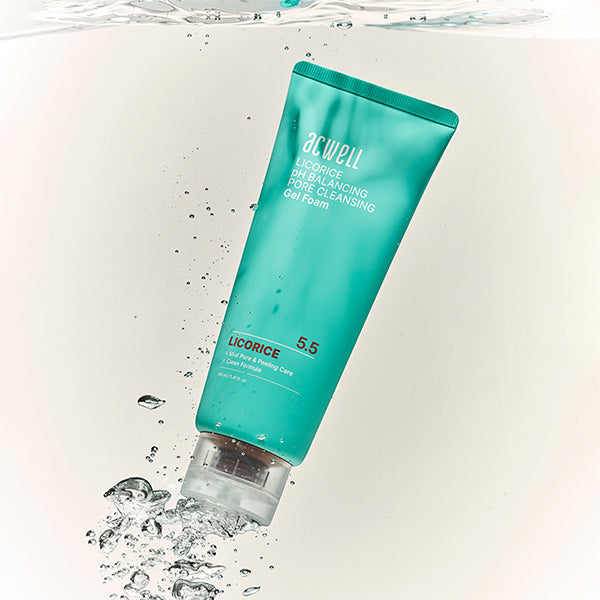 Acwell Licorice pH Balancing Gel Foam Cleanser with clear gel texture in a sleek pump bottle