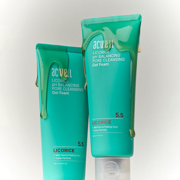 Acwell Licorice pH Balancing Gel Foam Cleanser with clear gel texture in a sleek pump bottle