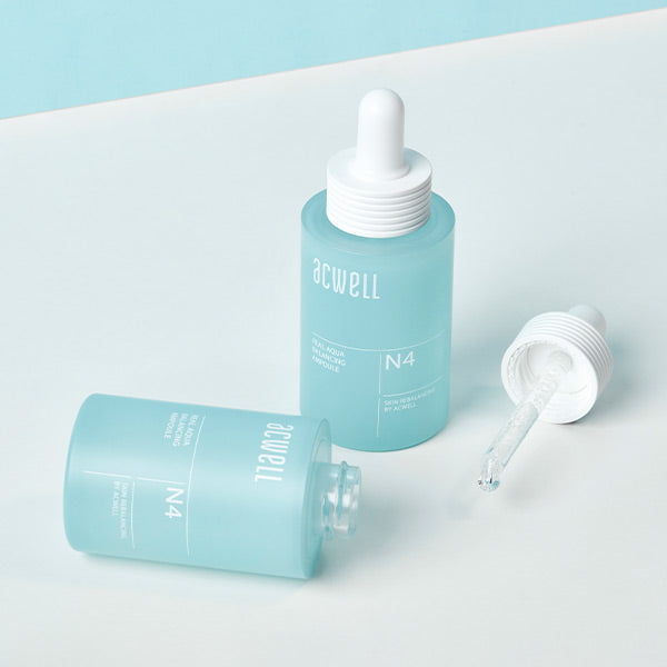 Acwell Real Aqua Balancing Ampoule in a clear blue dropper bottle with lightweight, watery serum