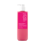 Golden 680ml bottle of Mise-en-scène Perfect Styling Serum Conditioner for shine, volume, and fast-drying hair