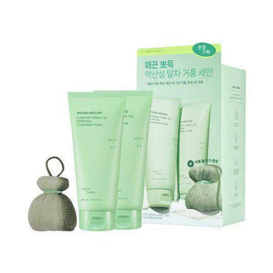 ROUND AROUND Comfort Green Tea Purifying Cleansing Foam 200ml + 200ml + Matcha Bubble Ball (Double SET)