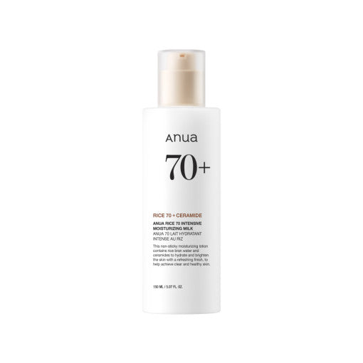 Anua Rice 70 Intense Moisturizing Milk – lightweight Korean skincare lotion for hydrating, brightening, and barrier support.