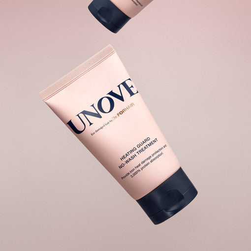 UNOVE Heating Guard No-Wash Treatment 147ml in sleek beige tube, standing upright on a matte neutral background