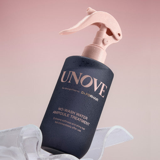 UNOVE No-Wash Water Ampoule Treatment 200ml in tall clear spray bottle with minimalist label, styled on a soft neutral background