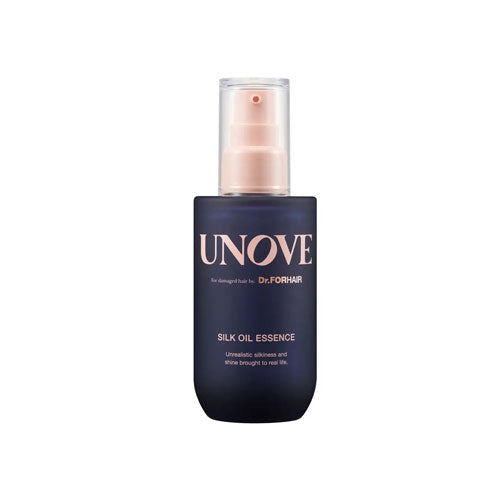 UNOVE Silk Oil Essence 70ml in clear beige-tinted pump bottle, glossy liquid inside, styled on a clean neutral surface