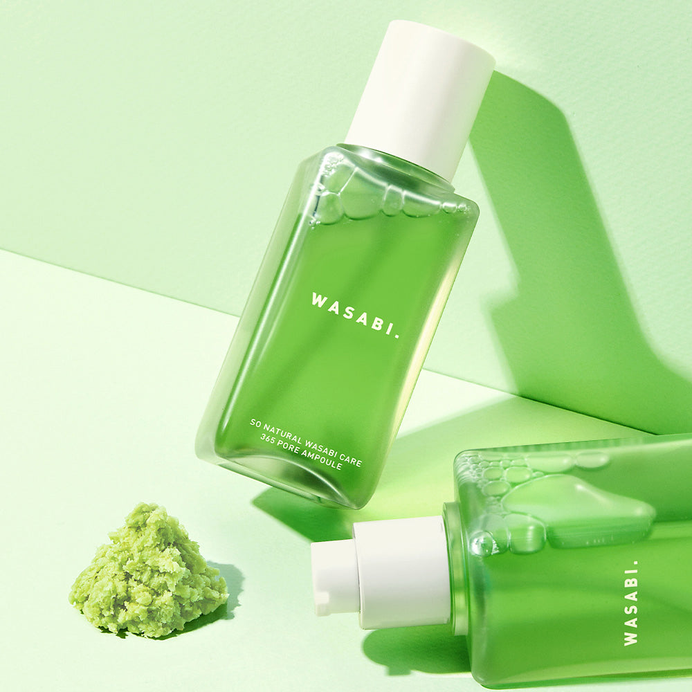 Vegan pore-tightening ampoule with wasabi extract for shrinking enlarged pores, controlling oil, and soothing skin.