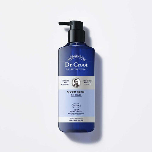 Dr.Groot Multi-Perfection Cooling Shampoo 400ml with icy blue-green design, Korean scalp care for thinning hair
