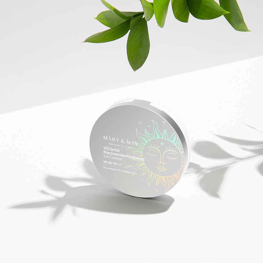 Vegan sun cushion with SPF 50+ PA++++, niacinamide, and hydrating ingredients for brightening and UV protection without white cast