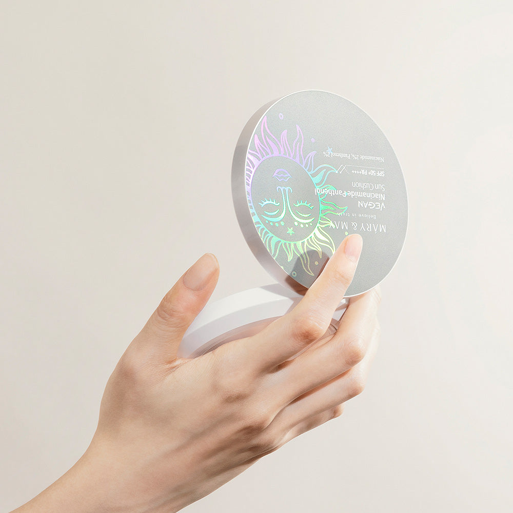 Vegan sun cushion with SPF 50+ PA++++, niacinamide, and hydrating ingredients for brightening and UV protection without white cast