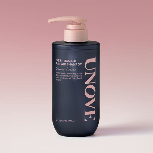 UNOVE Deep Damage Repair Shampoo 500ml in beige bottle with pump, minimal design, placed on neutral-toned surface