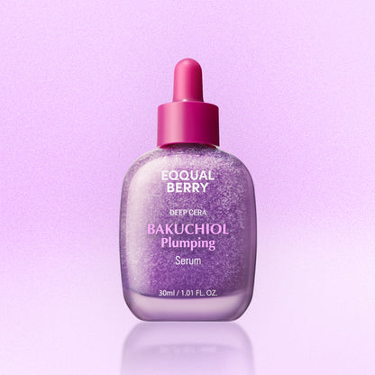 squarish purple glass dropper serum bottle labeled bakuchiol, shown upright with shimmering texture inside and surrounded by lavender‑purple flowers