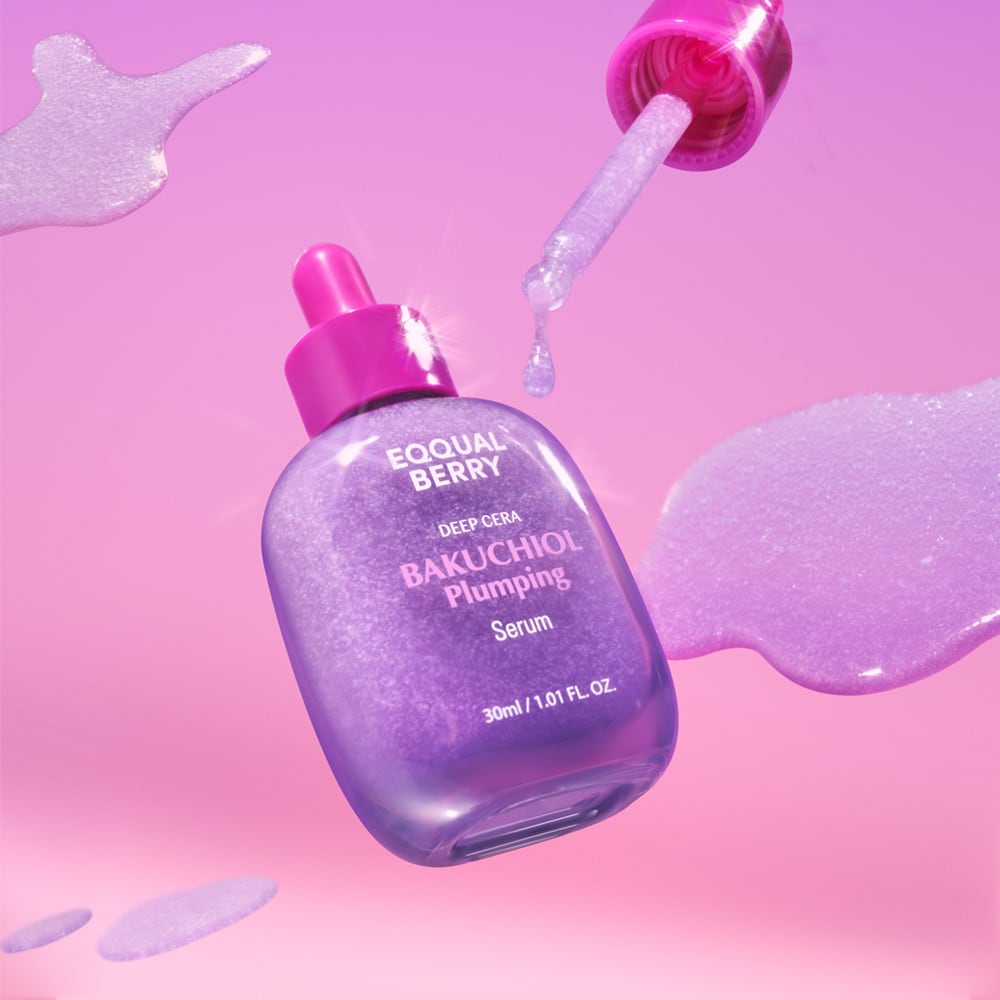 squarish purple glass dropper serum bottle labeled bakuchiol, shown upright with shimmering texture inside and surrounded by lavender‑purple flowers