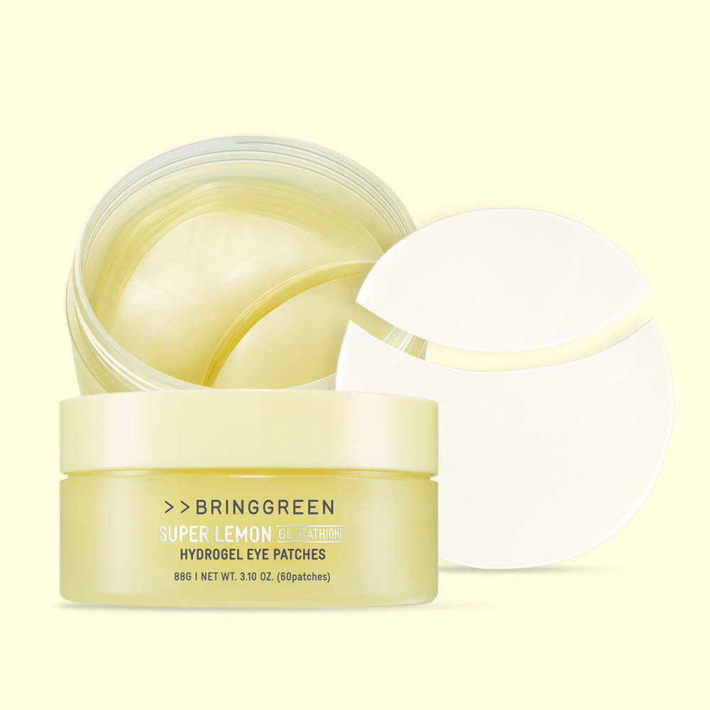 BRINGGREEN Super Lemon Glutathione Hydrogel Eye Patches – brightening patches with Jeju lemon and glutathione to reduce dark circles and discoloration.