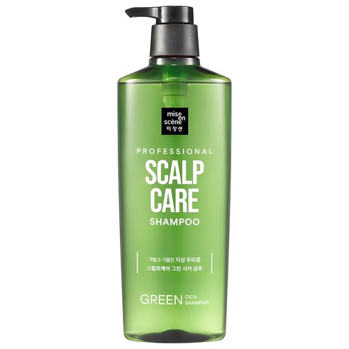 Green shampoo bottle with pump labeled 'Professional Scalp Care Shampoo' on a white background