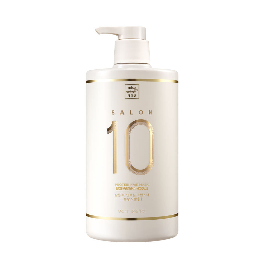 Tall tub of Mise en Scène Salon 10 Protein Hair Mask with clean, minimal floral design