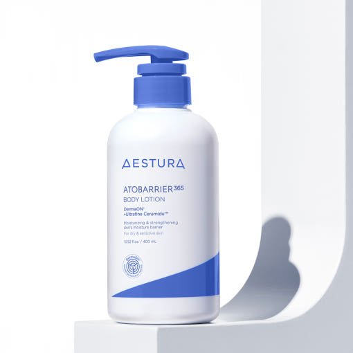 AESTURA Atobarrier 365 Body Lotion in a 400ml bottle for lightweight hydration and barrier strengthening.

