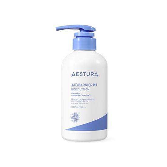 AESTURA Atobarrier 365 Body Lotion in a 400ml bottle for lightweight hydration and barrier strengthening.
