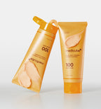 medicube turmeric cleanser tube with creamy lather swatch, brightening gel-to-foam Korean face wash