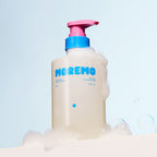 tall bottle of moremo Fresh & Cool Shampoo with minty blue label, anti-dandruff and hair-loss Korean scalp cleanser