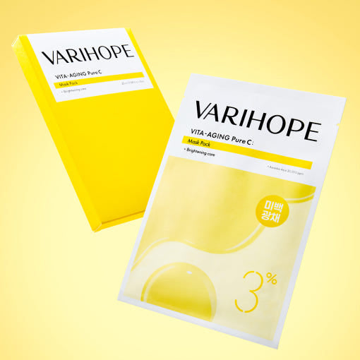 VARIHOPE VITA-AGING Pure C mask pack with a yellow background