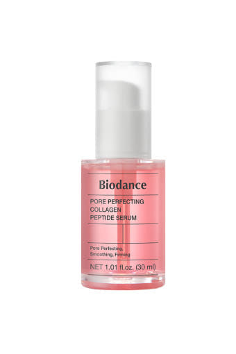 Biodance Pore Perfecting Collagen Peptide Serum bottle on a pink background