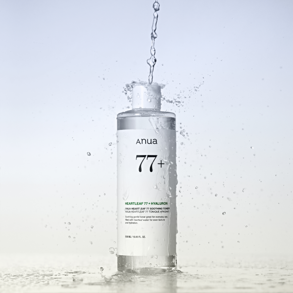 Anua Heartleaf 77 Soothing Toner bottle with clear liquid, ideal for calming sensitive skin in a K-beauty skincare routine.